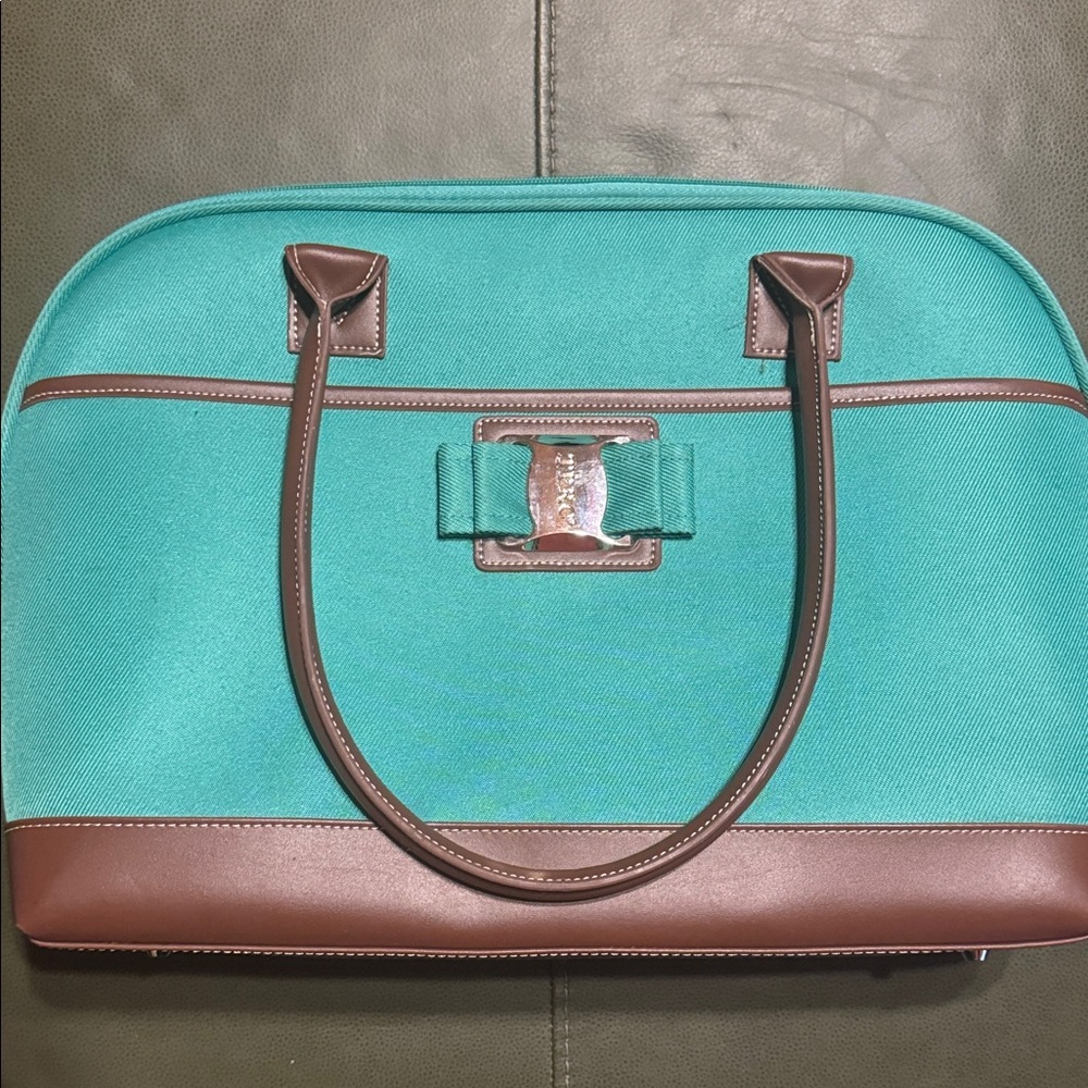Travelers Polo & Racquet Club laptop carry-on canvas bag in green and brown.